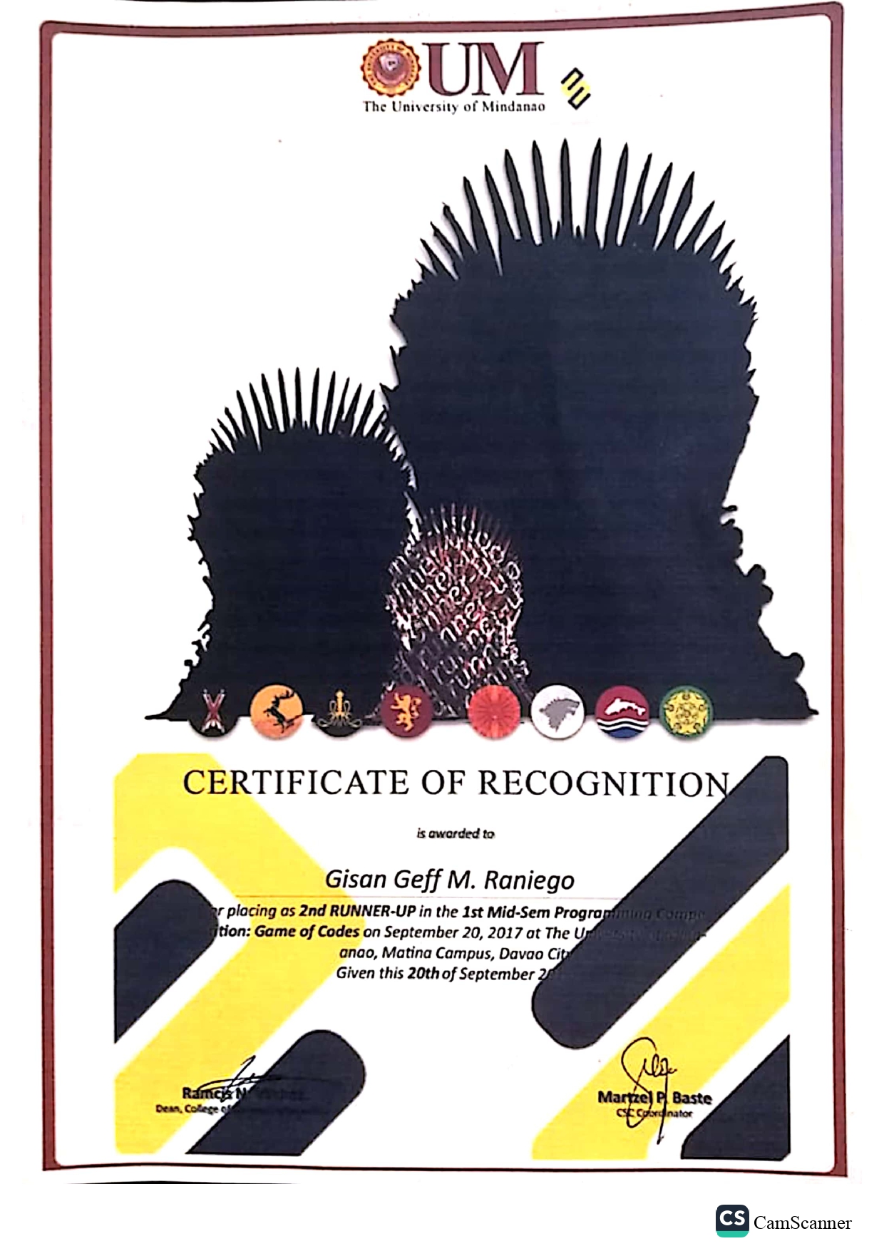 1st Mid-Sem Programming Competition: Games of Codes (2nd RUNNER-UP) certificate