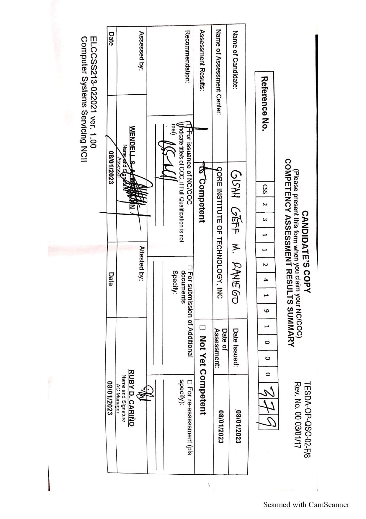 Computer Systems Servicing NCII CARS certificate