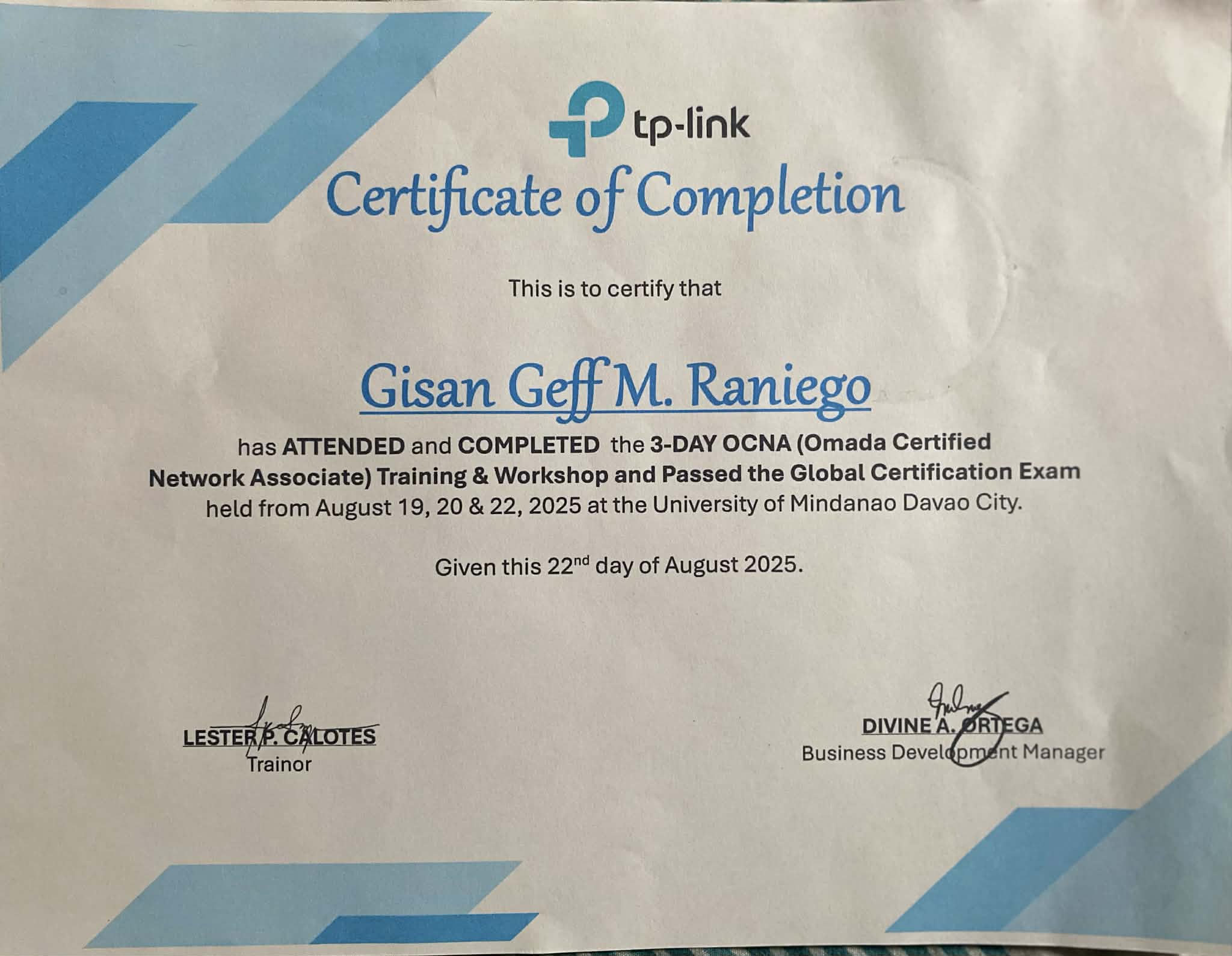 OCNA Training & Workshop certificate